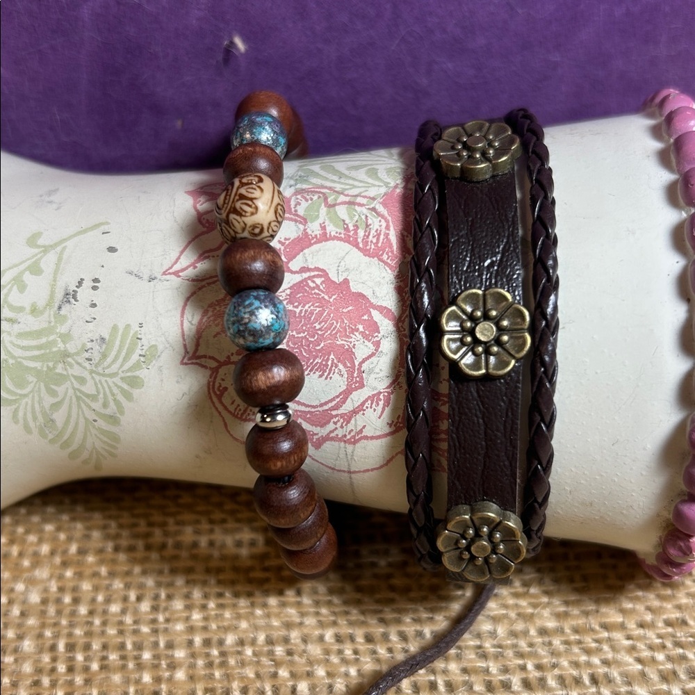 Fancy Wooden Beads Bracelet & Braided Leather Flower Bracelet Bundle (G)